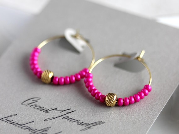 Pink Fuchsia Beaded Hoop Earrings Gold Hoops With Bright Pink Seed