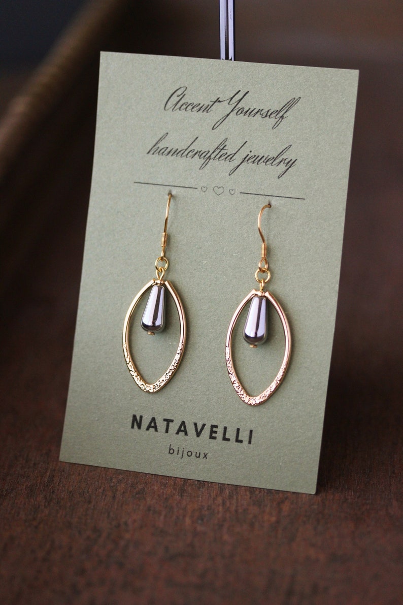 Long Oval Gold Tone Earrings Silver Hematite Stone Earrings Silver Drop Earrings Unique Elegant Dangle Earrings Gold Silver Teardrop Earring zdjęcie 3