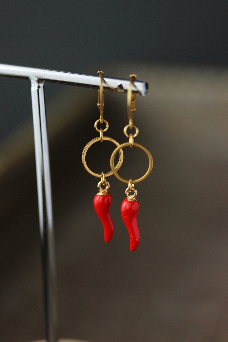 Good Luck Red Italian Horn Earrings Good Luck Jewelry Fun Italian Earrings Evil Eye Symbol Cornicello Earrings Red Chili Pepper Earrings image 2