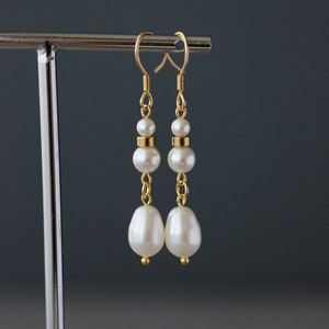 White Pearl Drop Earrings Unique White Pearl Beaded Earring Long White Gold Earrings Dangle Wedding Earrings One of a Kind Bridal Earring image 1