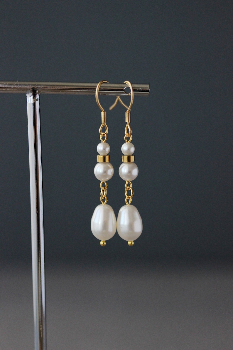 White Pearl Drop Earrings Unique White Pearl Beaded Earring Long White Gold Earrings Dangle Wedding Earrings One of a Kind Bridal Earring image 1