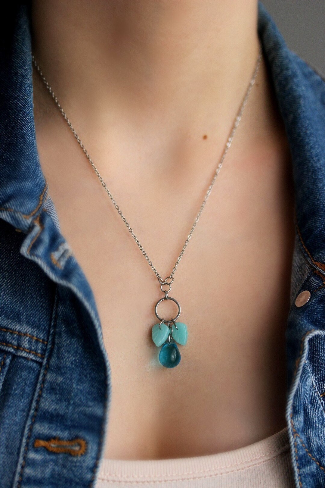 Blue Glass Drop Necklace Delicate Blue Beaded Pendant Blue Leaves