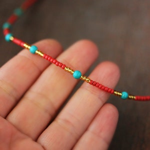 Multicolor Necklace Red Gold Seed Beads Choker with Turquoise Stone Dainty Boho Choker Unique Handmade Summer Choker Everyday Thin Necklace image 5