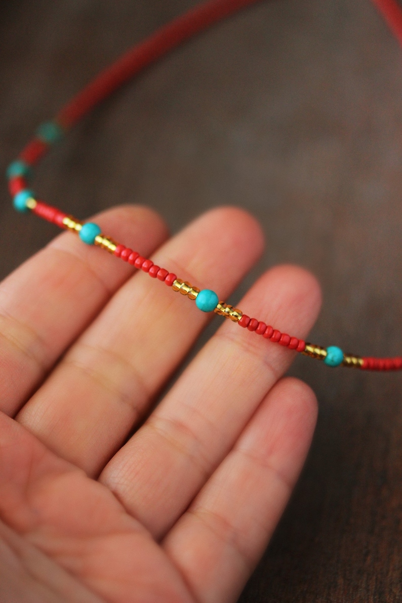 Multicolor Necklace Red Gold Seed Beads Choker with Turquoise Stone Dainty Boho Choker Unique Handmade Summer Choker Everyday Thin Necklace image 5