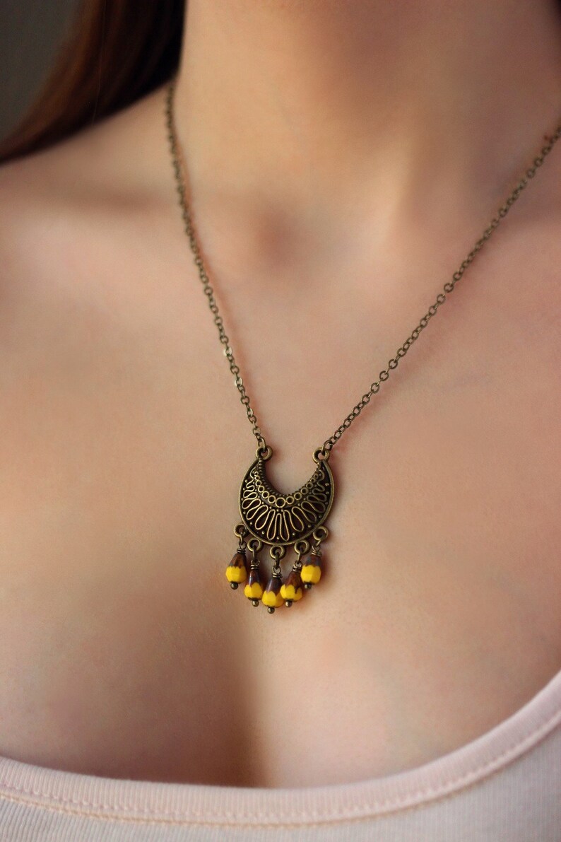 Antique Brass Pendant Necklace Brass Boho Necklace Yellow Tiny Etsy