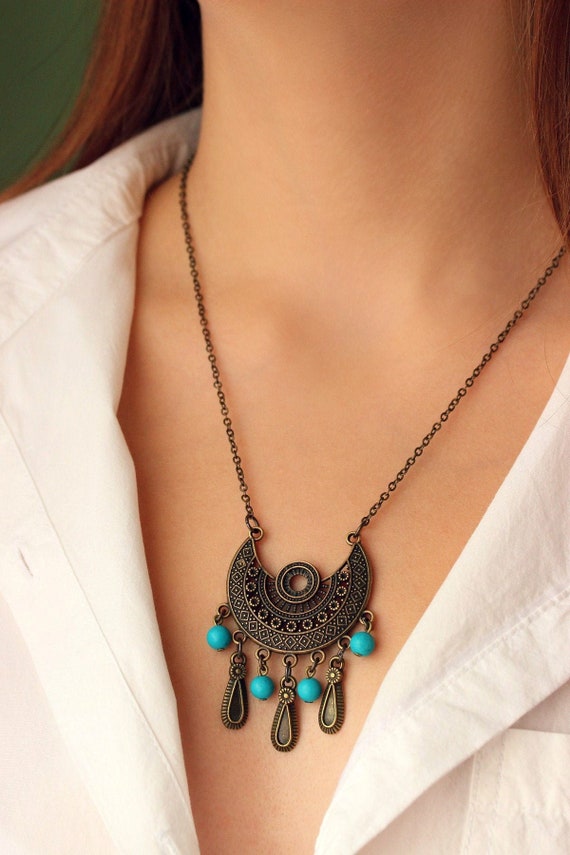 Antique Brass Big Pendant Necklace Turquoise Brass Ethnic Necklace Unique Tribal Necklace Hippie Necklace Trendy Necklace Brass Boho Jewelry