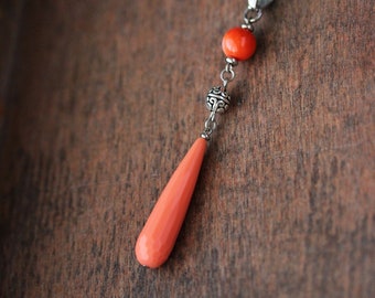 Orange Coral Drop Necklace Trendy Coral Necklace Unique Orange Gemstone Jewelry Orange Stone Boho Necklace Drop Pendant Coral Teardrop Gift