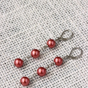 Long Triple Red Pearl Earrings Steel Pearl Dangle Bright Drop Earrings Elegant Red Silver Earrings Red Pearl Jewelry Three Beads Earrings image 7