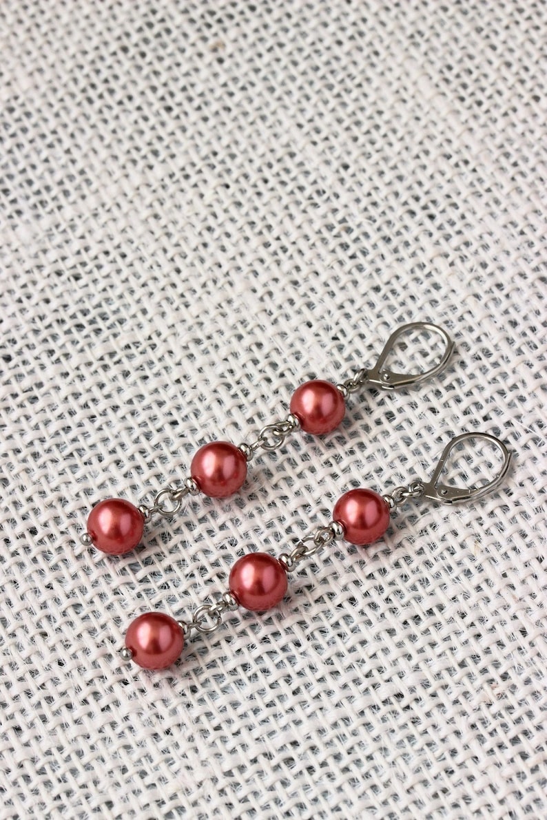 Long Triple Red Pearl Earrings Steel Pearl Dangle Bright Drop Earrings Elegant Red Silver Earrings Red Pearl Jewelry Three Beads Earrings image 7