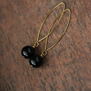 Long Black Onyx Stone Earrings Black Stone Sphere Earrings Dangle Gold Earrings Elegant Simple Earring Trendy Unique Gold Steel Hook Earring image 6