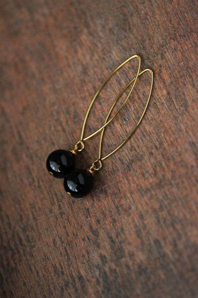 Long Black Onyx Stone Earrings Black Stone Sphere Earrings Dangle Gold Earrings Elegant Simple Earring Trendy Unique Gold Steel Hook Earring image 6