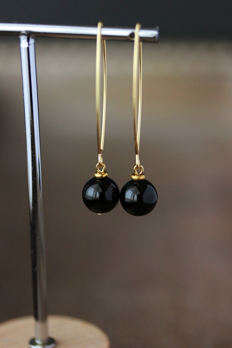 Long Black Onyx Stone Earrings Black Stone Sphere Earrings Dangle Gold Earrings Elegant Simple Earring Trendy Unique Gold Steel Hook Earring image 1