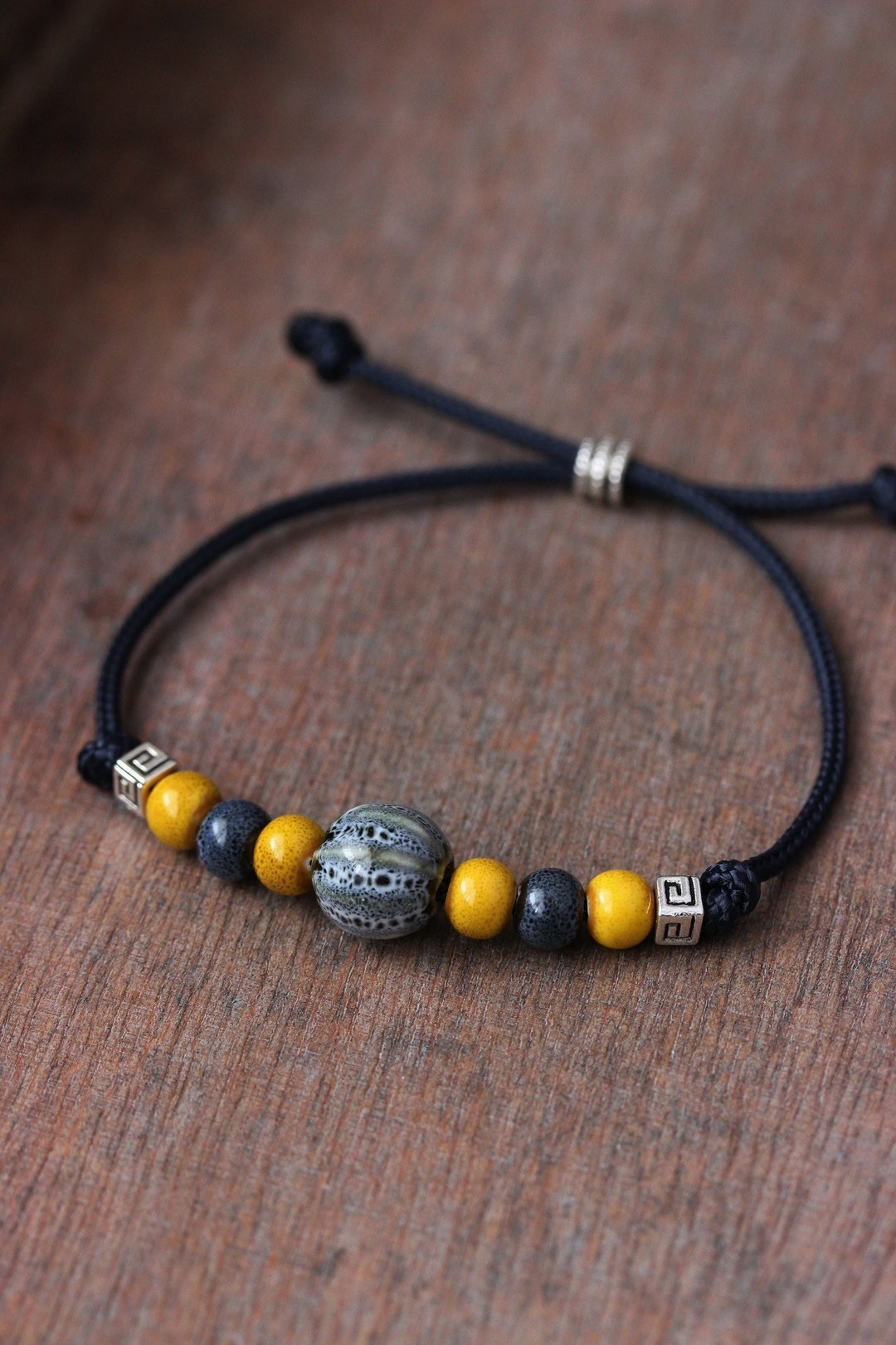 Unique Ceramic Beads Bracelet Dark Gray Yellow Beaded Bracelet Rope
