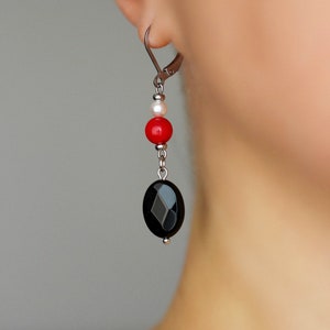 Long Natural Stone Beaded Earrings Black Onyx Red Coral Beads Earrings Unique Boho Earrings Stone Dangle Earring Oval Beads Earring For her image 2