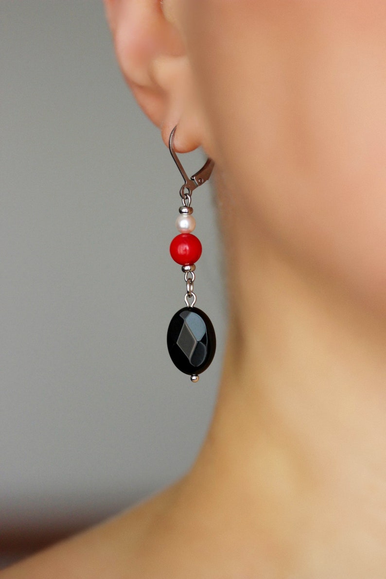 Long Natural Stone Beaded Earrings Black Onyx Red Coral Beads Earrings Unique Boho Earrings Stone Dangle Earring Oval Beads Earring For her image 2