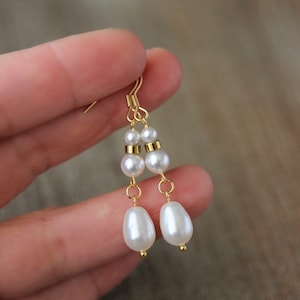 White Pearl Drop Earrings Unique White Pearl Beaded Earring Long White Gold Earrings Dangle Wedding Earrings One of a Kind Bridal Earring image 5