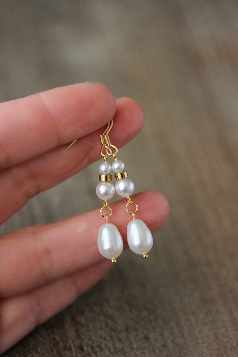 White Pearl Drop Earrings Unique White Pearl Beaded Earring Long White Gold Earrings Dangle Wedding Earrings One of a Kind Bridal Earring image 5