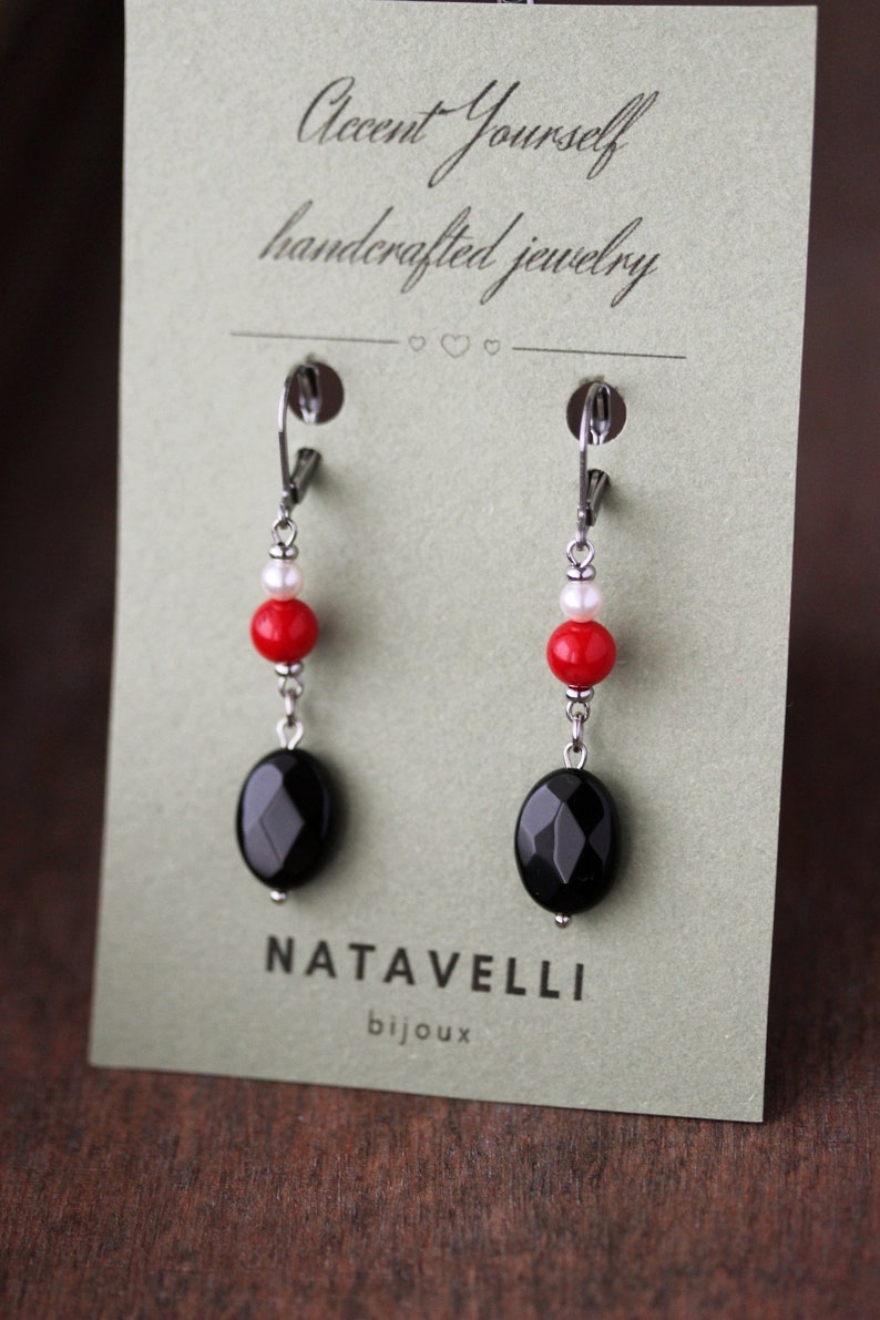 Long Natural Stone Beaded Earrings Black Onyx Red Coral Beads Earrings Unique Boho Earrings Stone Dangle Earring Oval Beads Earring For her image 3