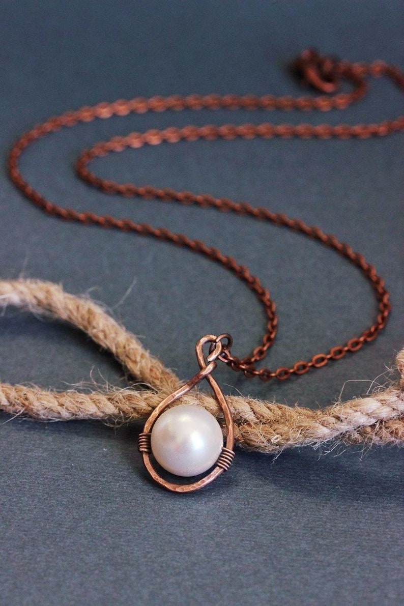 Copper Pearl Necklace Copper Hoop Pendant Copper Pearl Pendant Etsy
