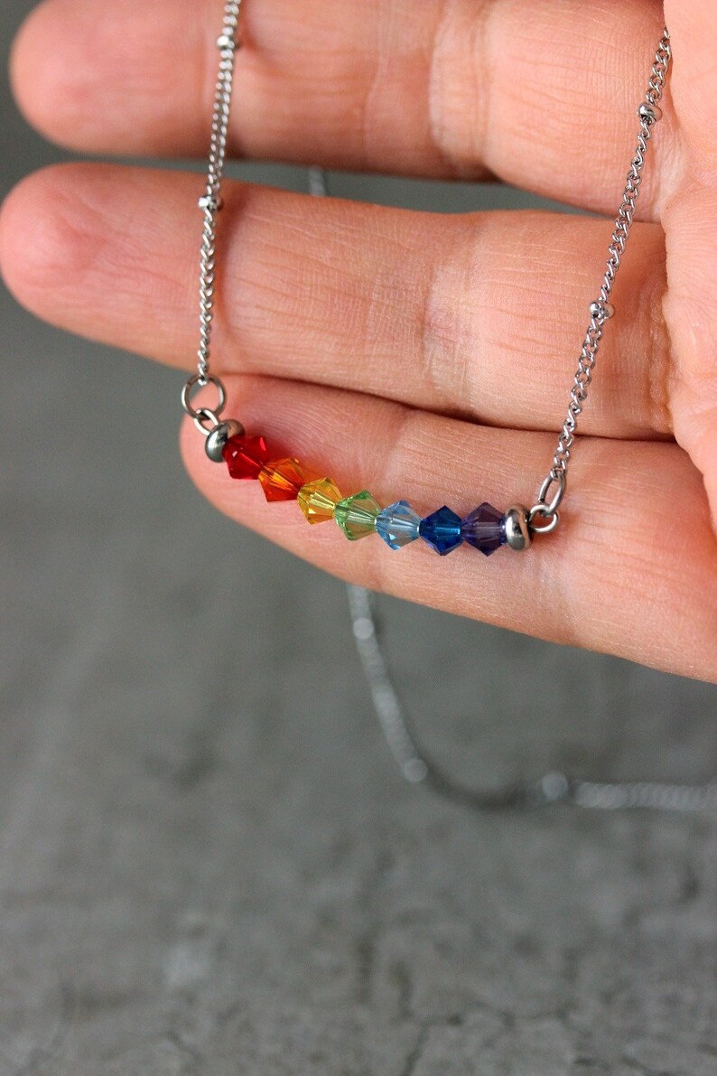 Dainty Rainbow Crystal Necklace Colorful Bar Necklace Etsy