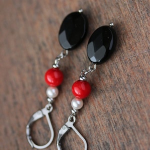 Long Natural Stone Beaded Earrings Black Onyx Red Coral Beads Earrings Unique Boho Earrings Stone Dangle Earring Oval Beads Earring For her image 5