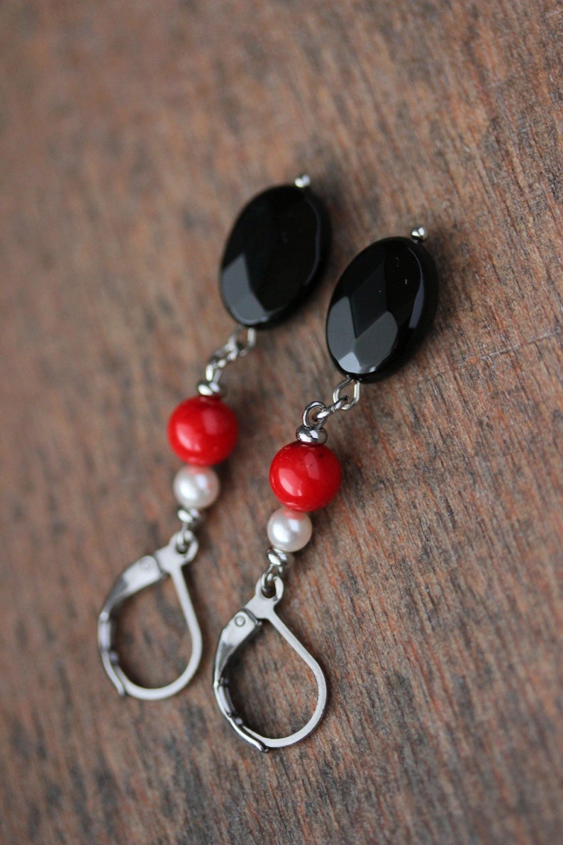 Long Natural Stone Beaded Earrings Black Onyx Red Coral Beads Earrings Unique Boho Earrings Stone Dangle Earring Oval Beads Earring For her image 5