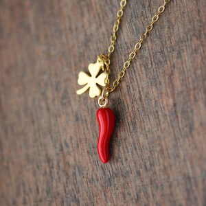 Good Luck Charms Necklace Chili Pepper Pendant Clover Leaf Pendant Boho Pink Gold Necklace Italian Horn Necklace Trendy Birthday Woman Gift image 6