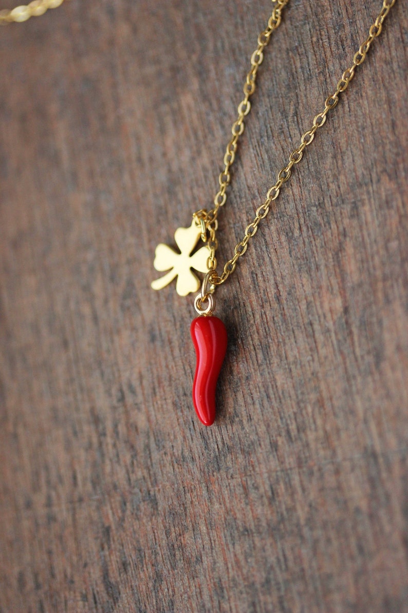 Good Luck Charms Necklace Chili Pepper Pendant Clover Leaf Pendant Boho Pink Gold Necklace Italian Horn Necklace Trendy Birthday Woman Gift image 6