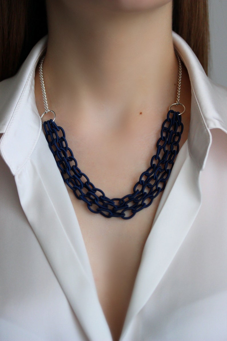 Chain Necklace Multistrand Blue Fabric Chain Necklace Silver Blue Necklace Multistrand Necklace Textile Chain Necklace Marine Sea Jewelry image 1