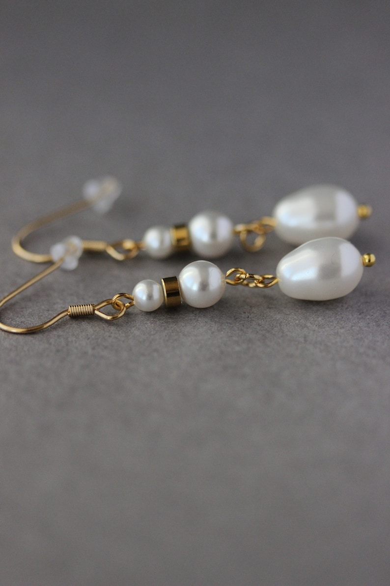 White Pearl Drop Earrings Unique White Pearl Beaded Earring Long White Gold Earrings Dangle Wedding Earrings One of a Kind Bridal Earring image 4