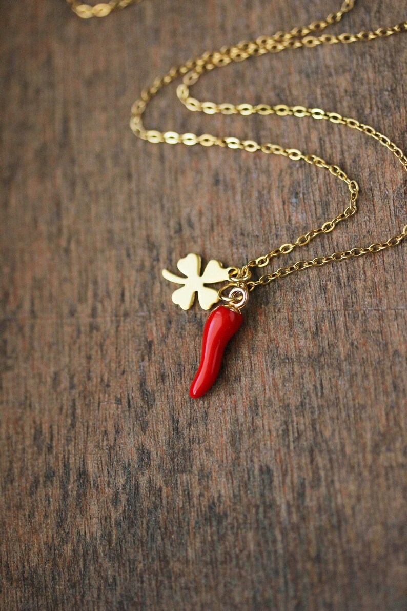 Good Luck Charms Necklace Chili Pepper Pendant Clover Leaf Pendant Boho Pink Gold Necklace Italian Horn Necklace Trendy Birthday Woman Gift image 1