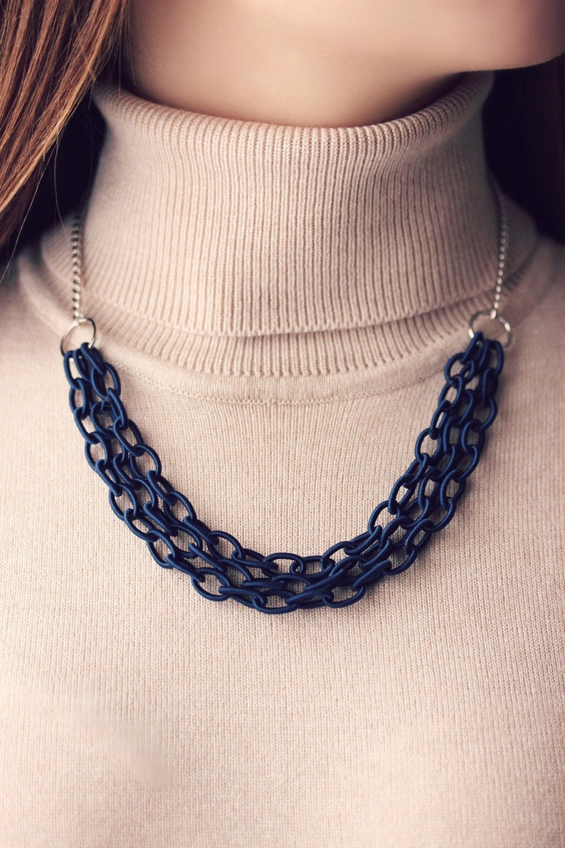Chain Necklace Multistrand Blue Fabric Chain Necklace Silver Blue Necklace Multistrand Necklace Textile Chain Necklace Marine Sea Jewelry image 6