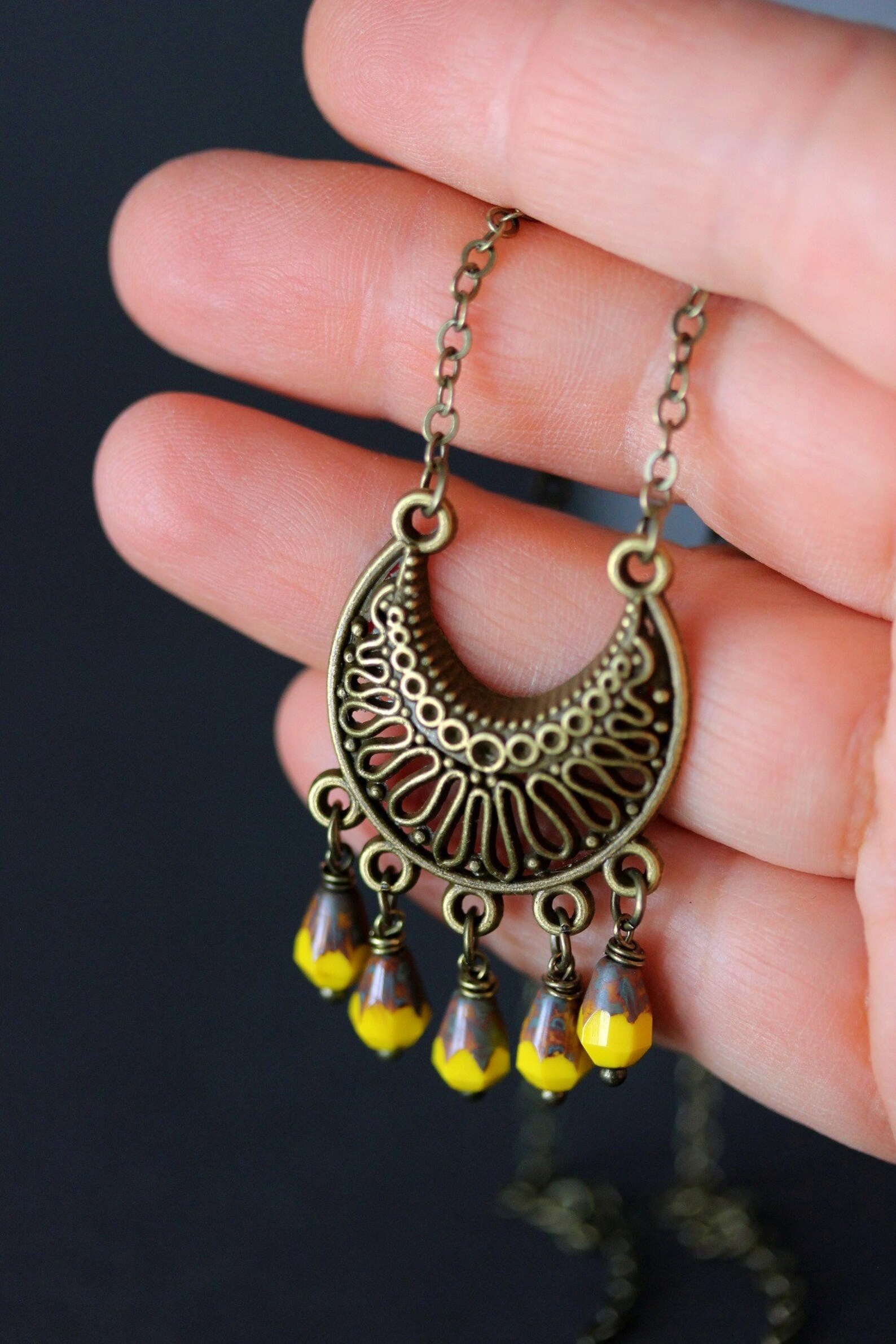 Antique Brass Pendant Necklace Brass Boho Necklace Yellow Tiny Etsy