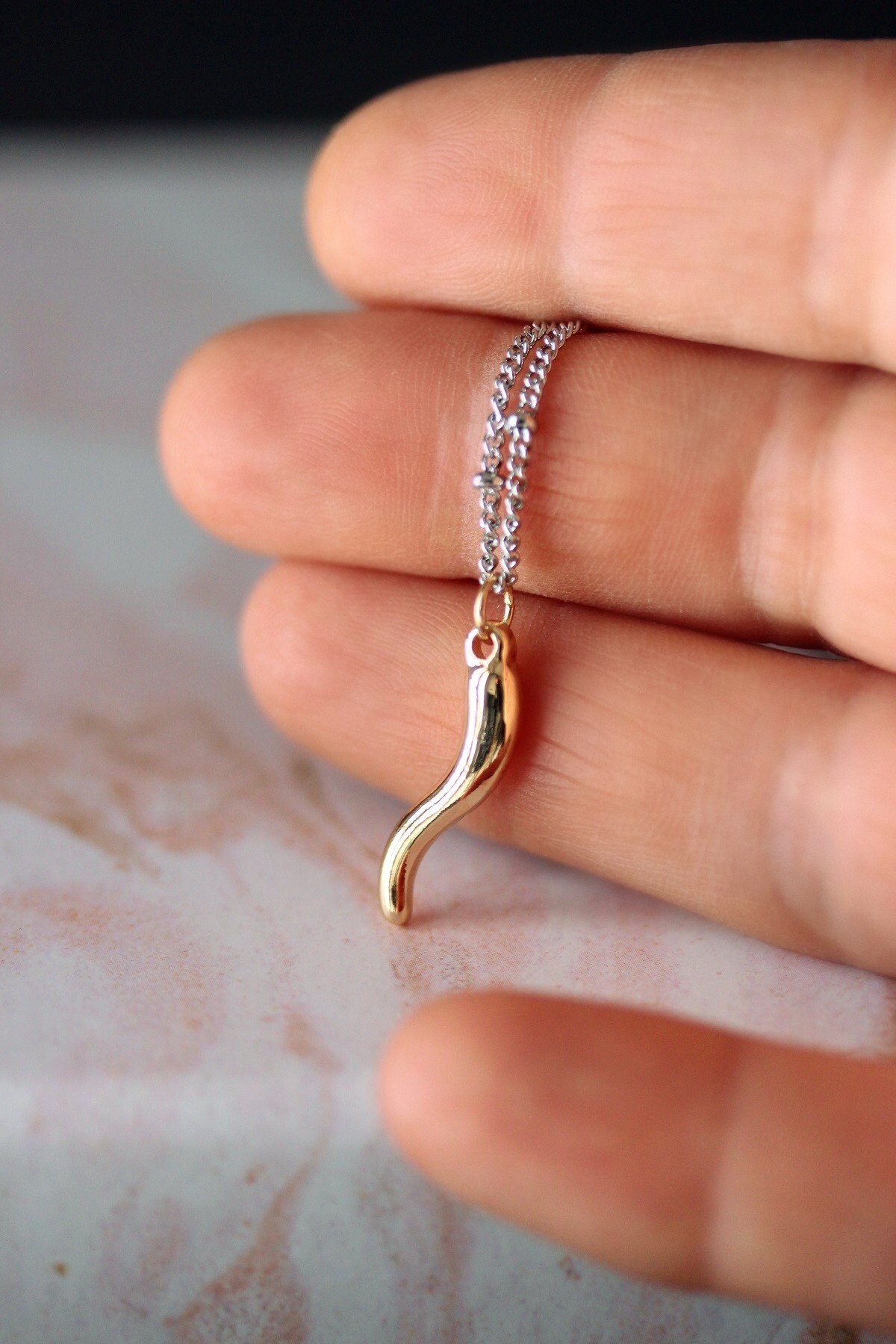 Golden Italian Horn Pendant Necklace Cornicello Necklace Etsy