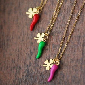 Good Luck Charms Necklace Chili Pepper Pendant Clover Leaf Pendant Boho Pink Gold Necklace Italian Horn Necklace Trendy Birthday Woman Gift image 7