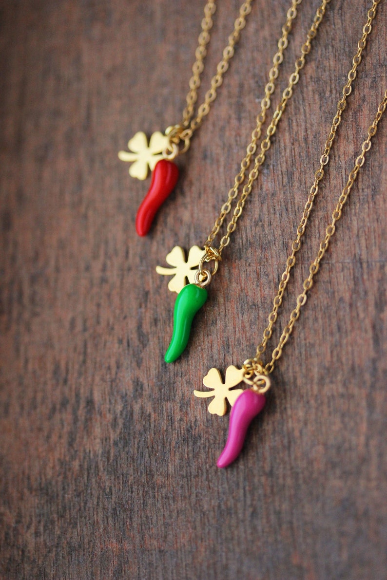 Good Luck Charms Necklace Chili Pepper Pendant Clover Leaf Pendant Boho Pink Gold Necklace Italian Horn Necklace Trendy Birthday Woman Gift image 7