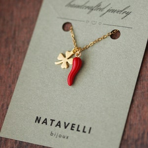 Good Luck Charms Necklace Chili Pepper Pendant Clover Leaf Pendant Boho Pink Gold Necklace Italian Horn Necklace Trendy Birthday Woman Gift image 2