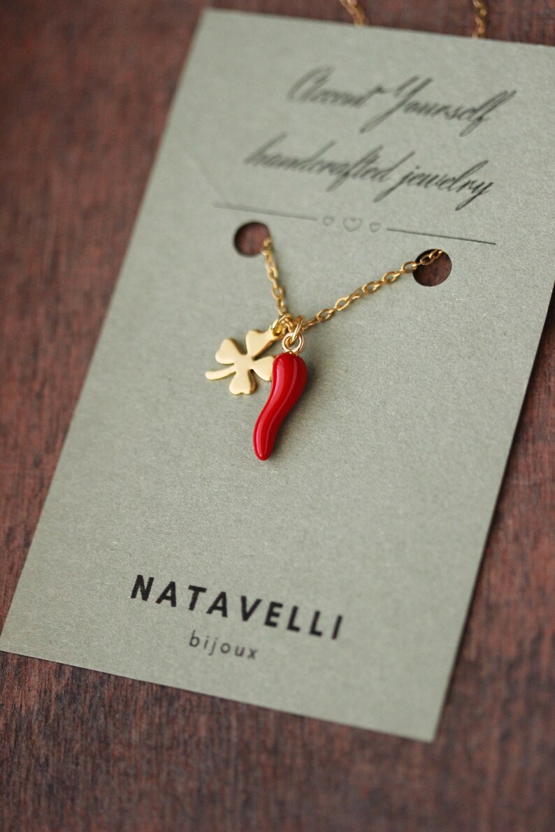 Good Luck Charms Necklace Chili Pepper Pendant Clover Leaf Pendant Boho Pink Gold Necklace Italian Horn Necklace Trendy Birthday Woman Gift image 2