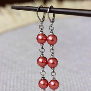 Long Triple Red Pearl Earrings Steel Pearl Dangle Bright Drop Earrings Elegant Red Silver Earrings Red Pearl Jewelry Three Beads Earrings image 4