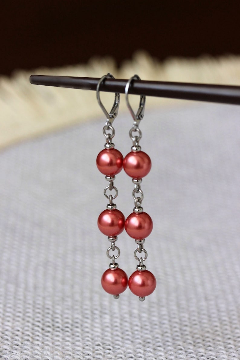 Long Triple Red Pearl Earrings Steel Pearl Dangle Bright Drop Earrings Elegant Red Silver Earrings Red Pearl Jewelry Three Beads Earrings image 4