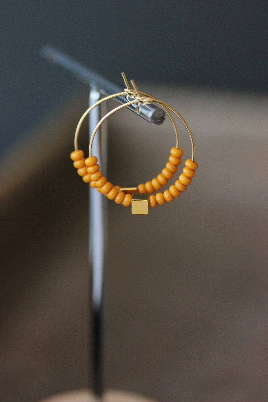 Gold Tone Hoop Earrings With Ochre Seed Beads Minimalist Small Beads
