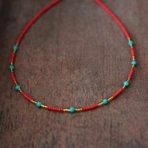 Multicolor Necklace Red Gold Seed Beads Choker with Turquoise Stone Dainty Boho Choker Unique Handmade Summer Choker Everyday Thin Necklace image 3