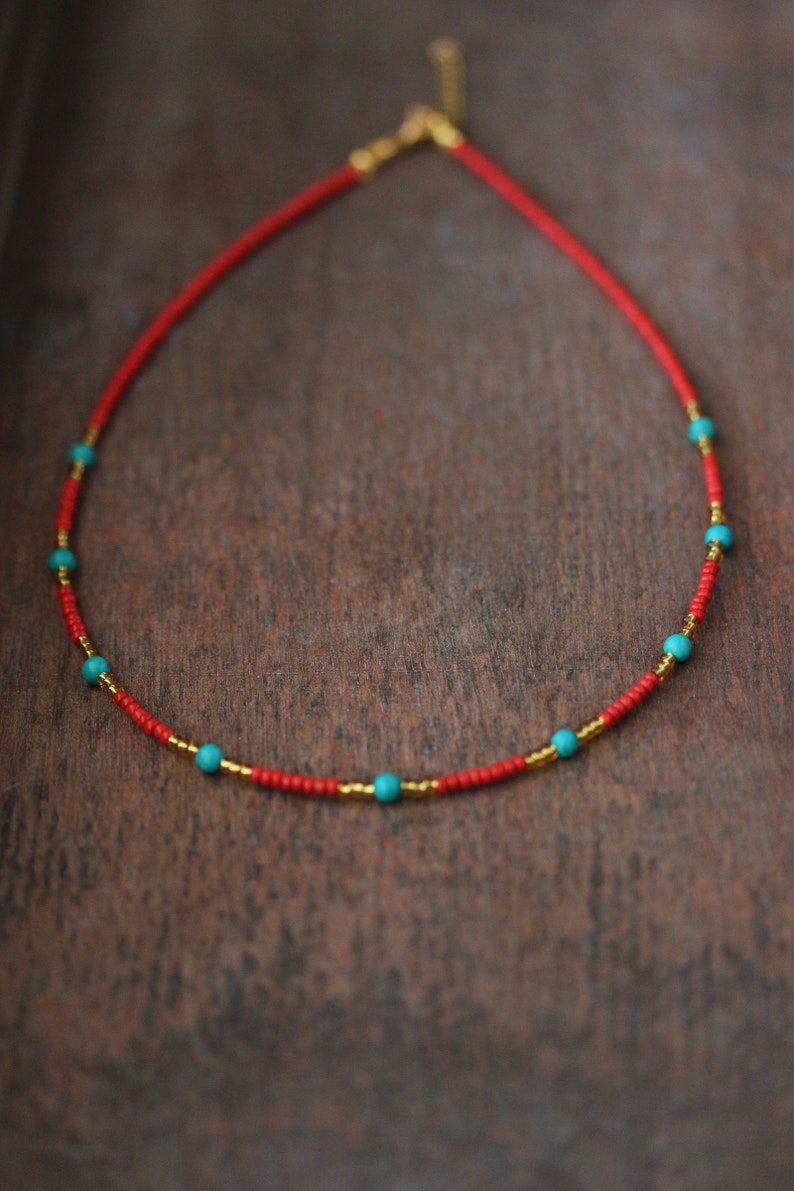 Multicolor Necklace Red Gold Seed Beads Choker with Turquoise Stone Dainty Boho Choker Unique Handmade Summer Choker Everyday Thin Necklace image 3