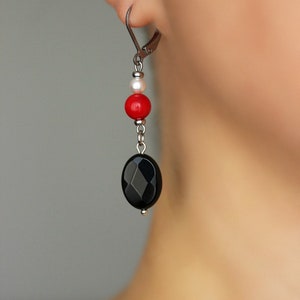 Long Natural Stone Beaded Earrings Black Onyx Red Coral Beads Earrings Unique Boho Earrings Stone Dangle Earring Oval Beads Earring For her image 6