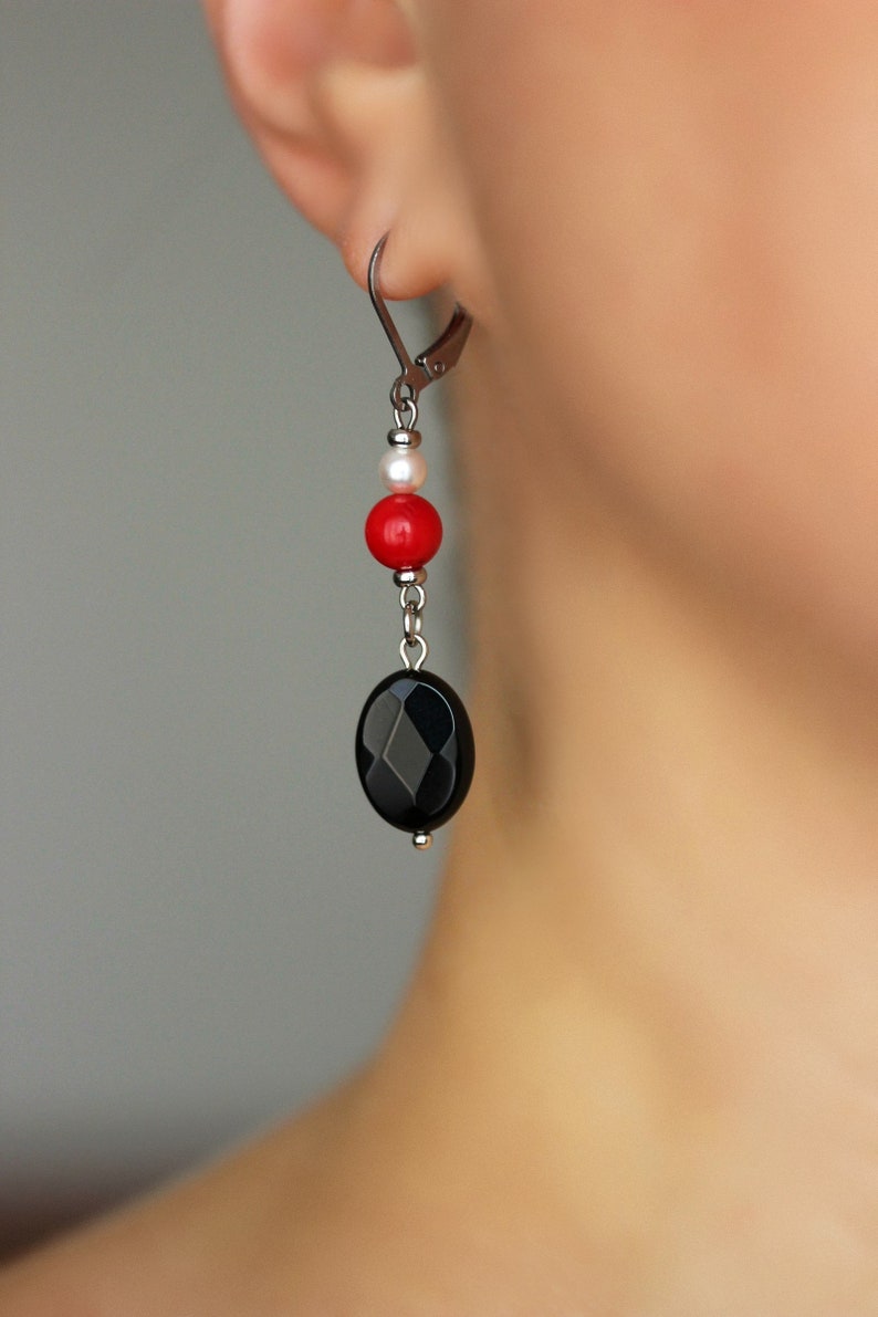 Long Natural Stone Beaded Earrings Black Onyx Red Coral Beads Earrings Unique Boho Earrings Stone Dangle Earring Oval Beads Earring For her image 6