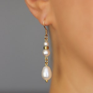 White Pearl Drop Earrings Unique White Pearl Beaded Earring Long White Gold Earrings Dangle Wedding Earrings One of a Kind Bridal Earring image 3