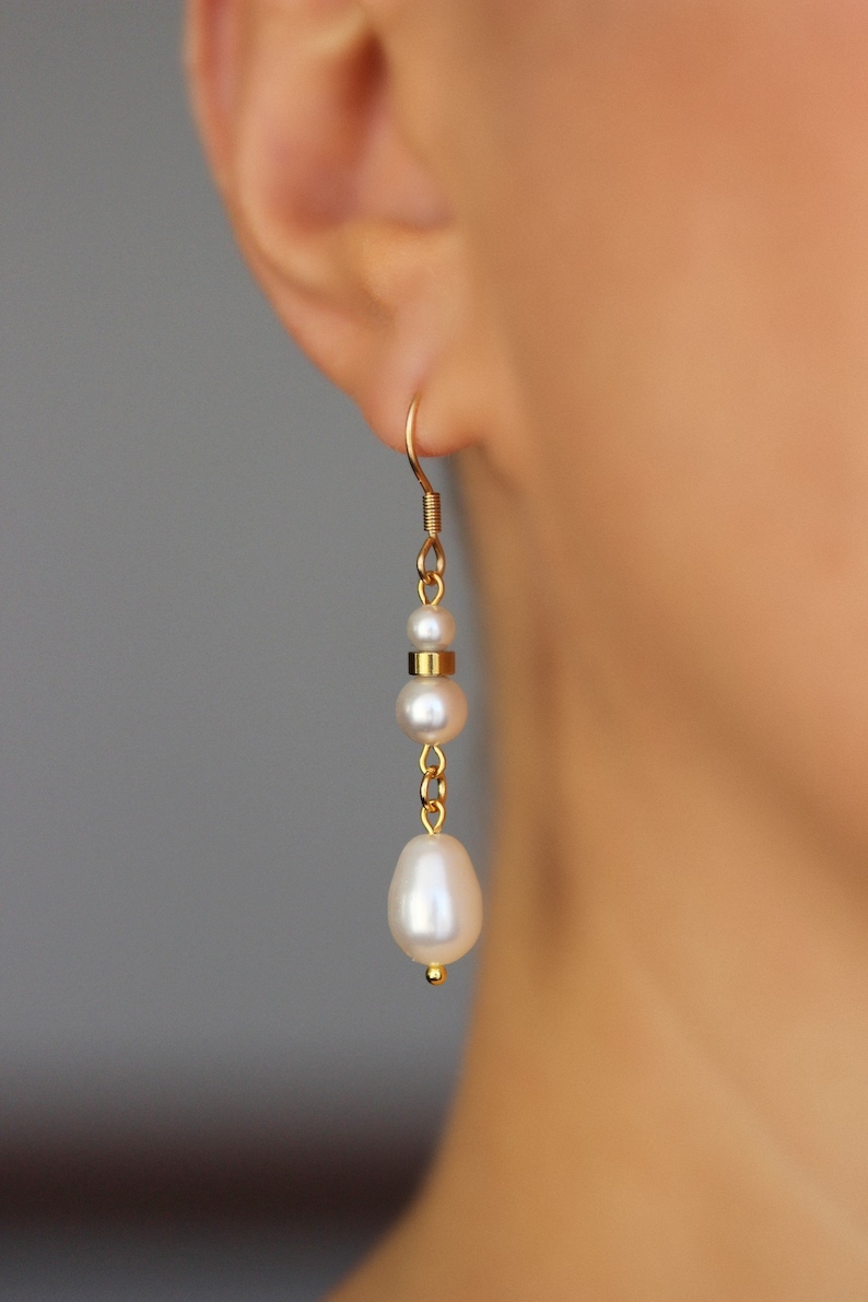White Pearl Drop Earrings Unique White Pearl Beaded Earring Long White Gold Earrings Dangle Wedding Earrings One of a Kind Bridal Earring image 3