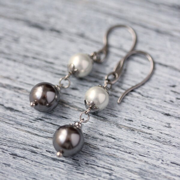 Elegant White Gray Pearl Earrings Stainless Steel Earrings Gray White Dangle Everyday Pearl Earrings Classic Work Earring Gift for Mother