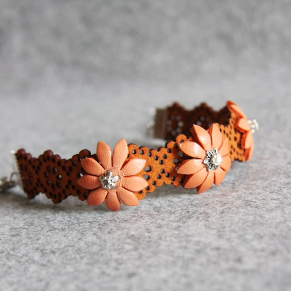 Orange Bracelet, Orange Leather Bracelet, Leather Flower Bracelet, Floral Bracelet, Womens Leather Bracelet,Leather Jewelry,Flower Bracelet