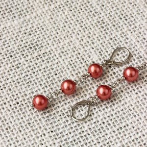 Long Triple Red Pearl Earrings Steel Pearl Dangle Bright Drop Earrings Elegant Red Silver Earrings Red Pearl Jewelry Three Beads Earrings image 6